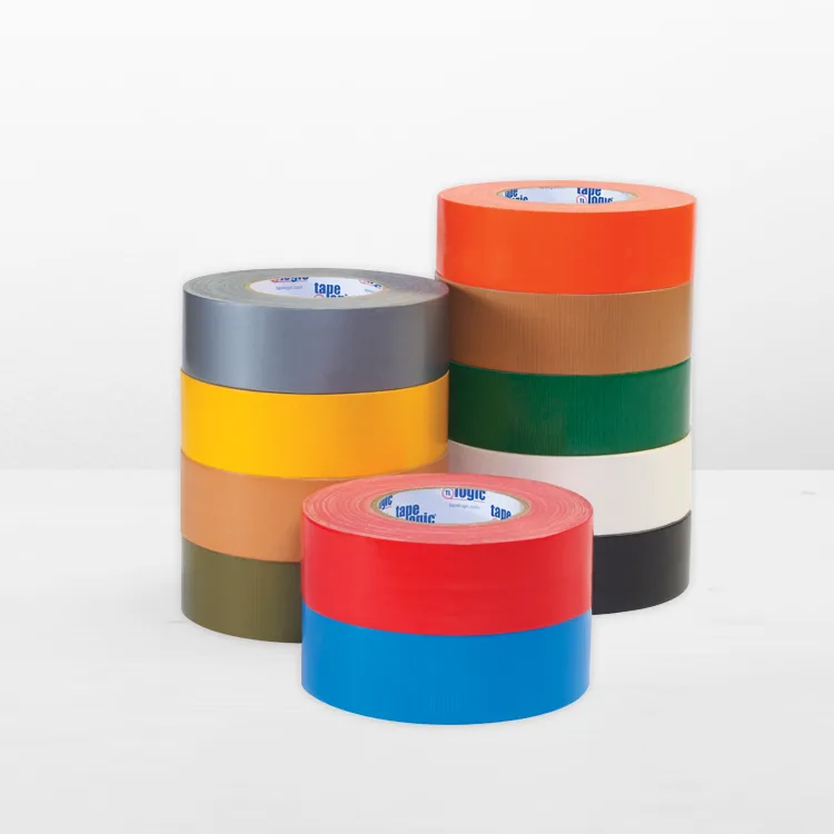 Duct tape rolls in silver, olive, yellow, tan, orange, red, green and blue