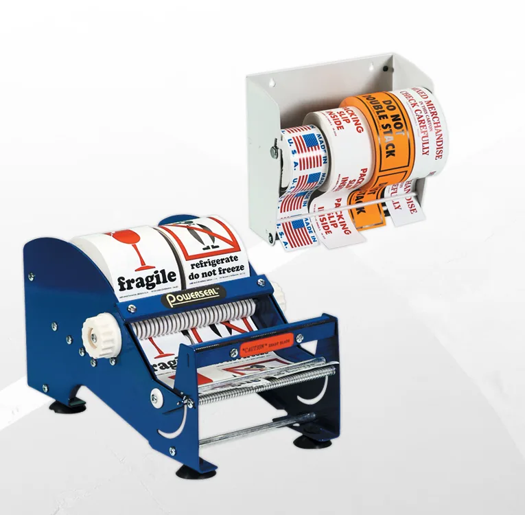 An all-metal tabletop label dispenser holding rolls of handling labels