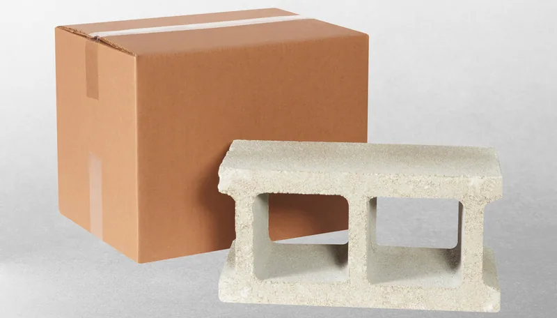 A heavy-duty corrugated box next to a concrete block