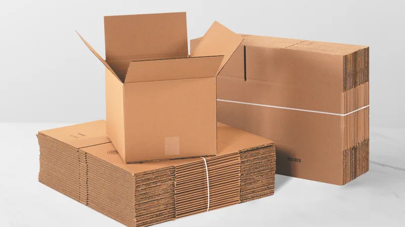 A Tape Logic corrugated box on a stack of flat boxes